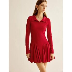 Commense Red Ribbed Knit Mini Dress Long Sleeve Polo Collar Fit and Flare Small‎